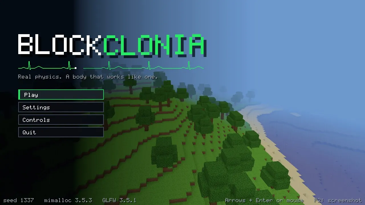 blockclonia’s title screen: the name in pixel letters and a menu with Play, Settings, Controls and Quit, over blocky hills, trees and a beach.
